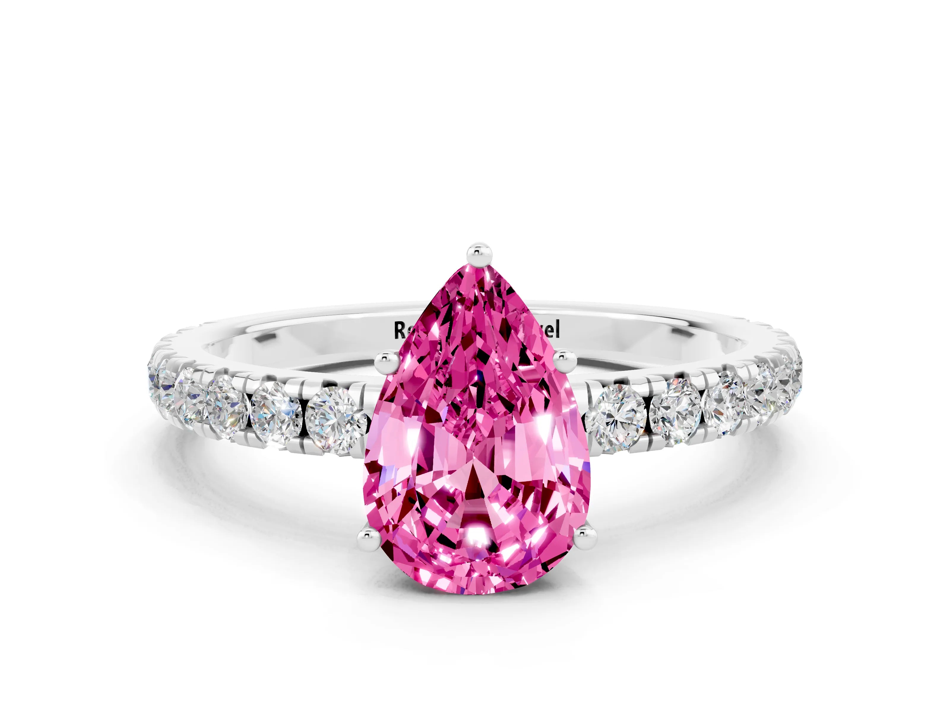 White gold Pear Cut Pink Sapphire Pavé Solitaire Engagement Ring with Four-Prong Setting_12