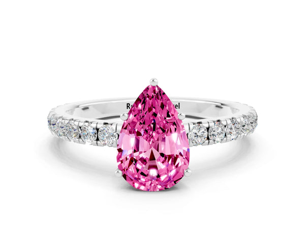 Silver Pear Cut Pink Sapphire Pavé Solitaire Engagement Ring with Four-Prong Setting