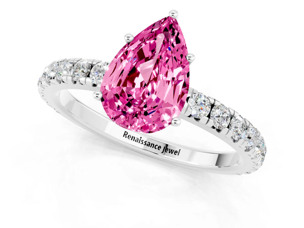 Platinum Pear Cut Pink Sapphire Pavé Solitaire Engagement Ring with Four-Prong Setting
