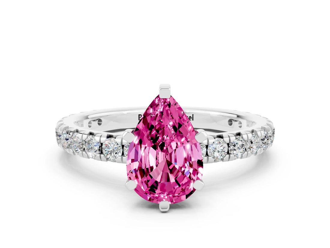 White gold Pear Cut Pink Sapphire Pavé Solitaire Ring with Round Band and Prong Setting_12