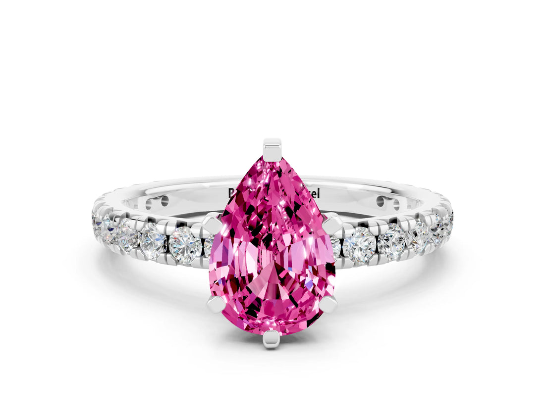 White gold Pear Cut Pink Sapphire Pavé Solitaire Ring with Round Band and Prong Setting_36