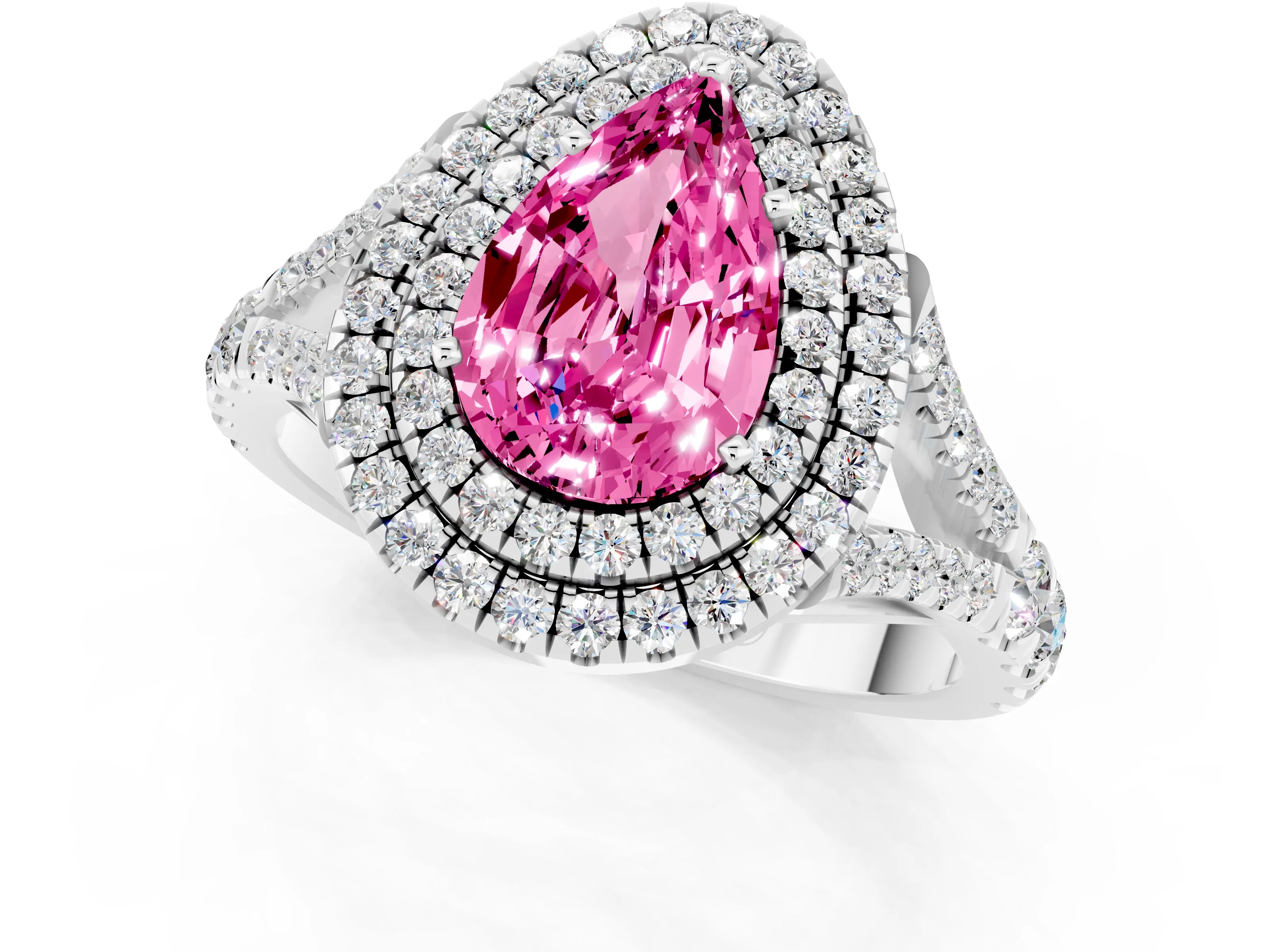 White gold Pear Cut Pink Sapphire Pavé Split Shank Double Halo Engagement Ring_1