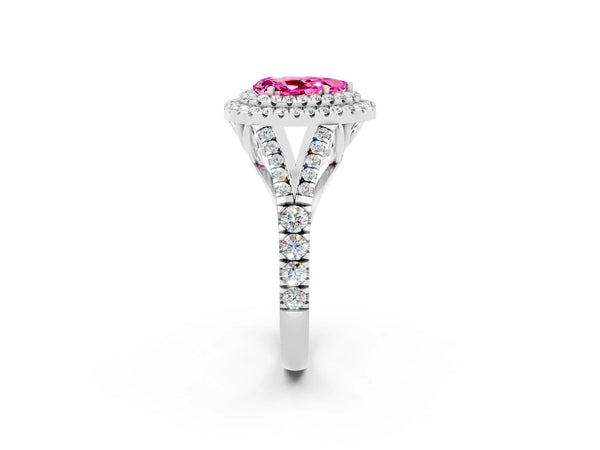 White gold Pear Cut Pink Sapphire Pavé Split Shank Double Halo Engagement Ring