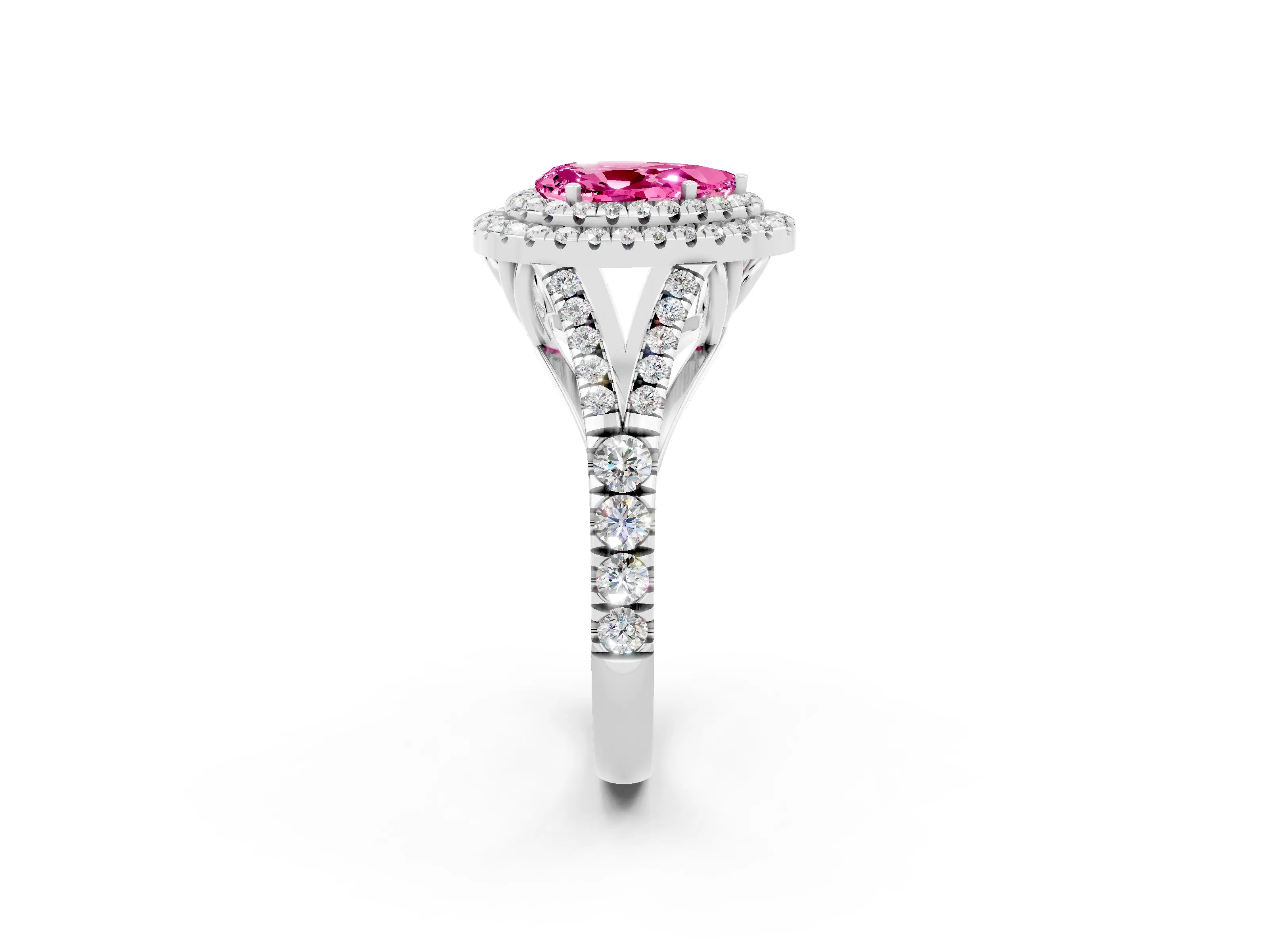 White gold Pear Cut Pink Sapphire Pavé Split Shank Double Halo Engagement Ring_2
