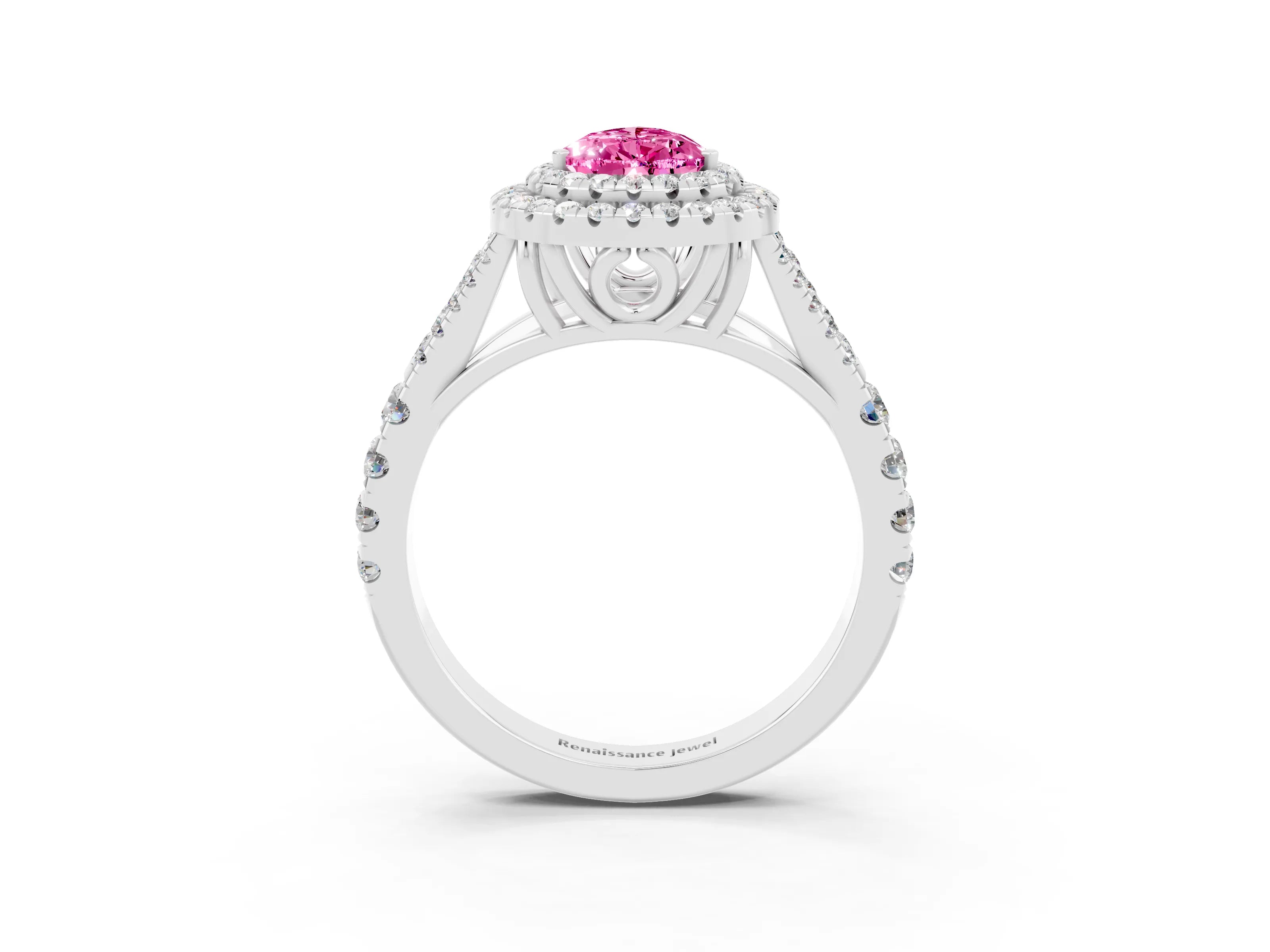 White gold Pear Cut Pink Sapphire Pavé Split Shank Double Halo Engagement Ring_3