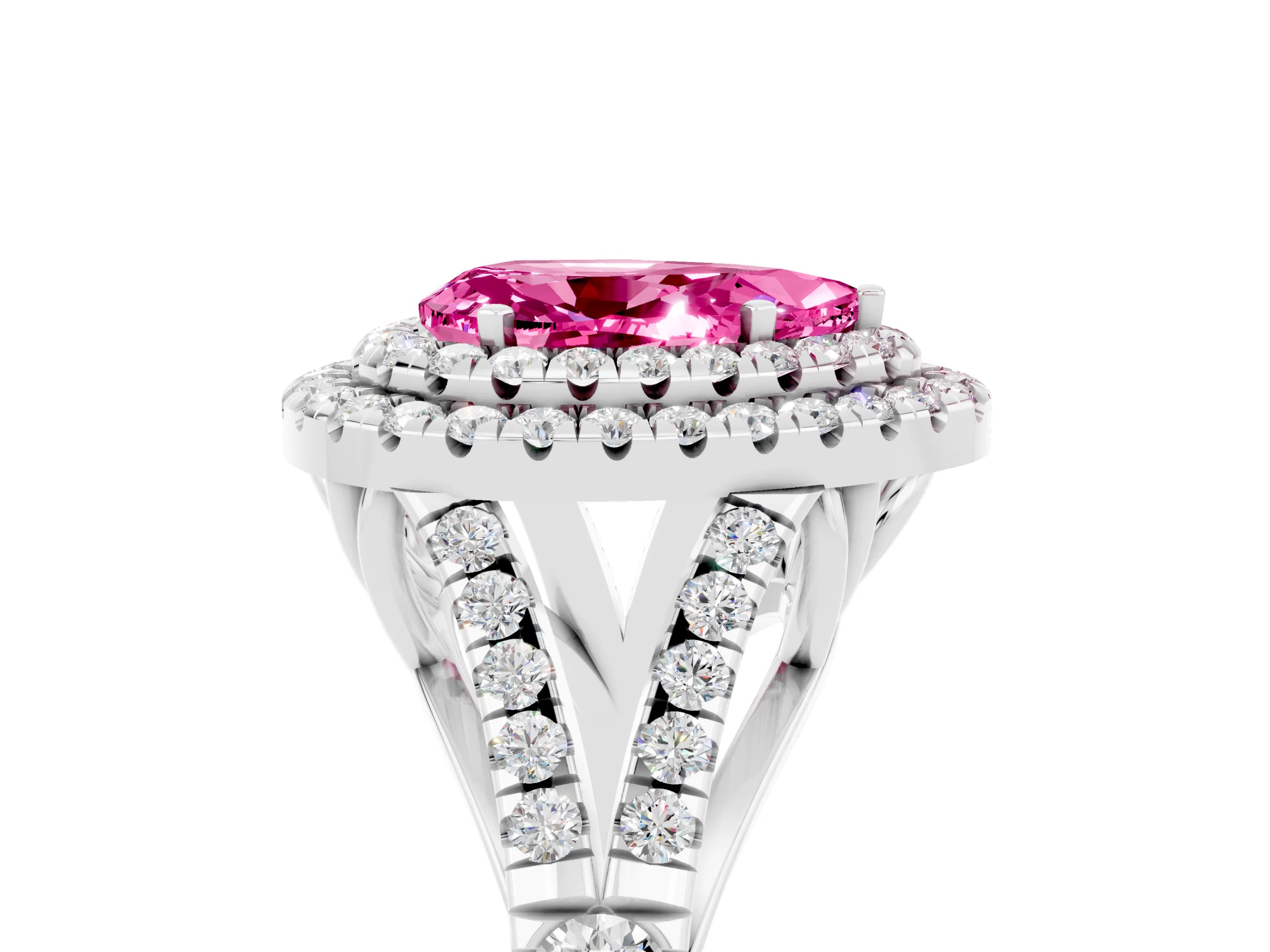 White gold Pear Cut Pink Sapphire Pavé Split Shank Double Halo Engagement Ring_5