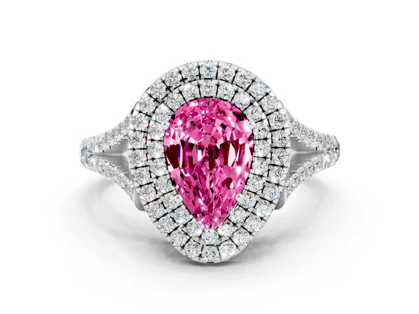 White gold Pear Cut Pink Sapphire Pavé Split Shank Double Halo Engagement Ring