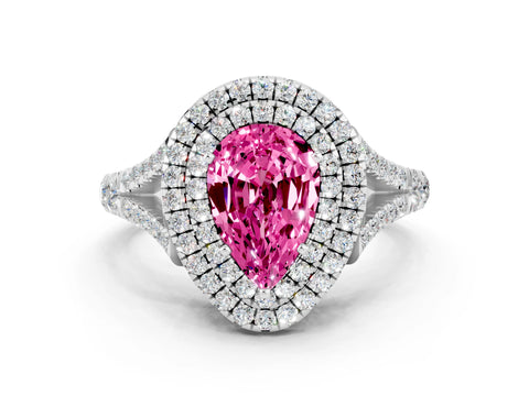 White gold Pear Cut Pink Sapphire Pavé Split Shank Double Halo Engagement Ring