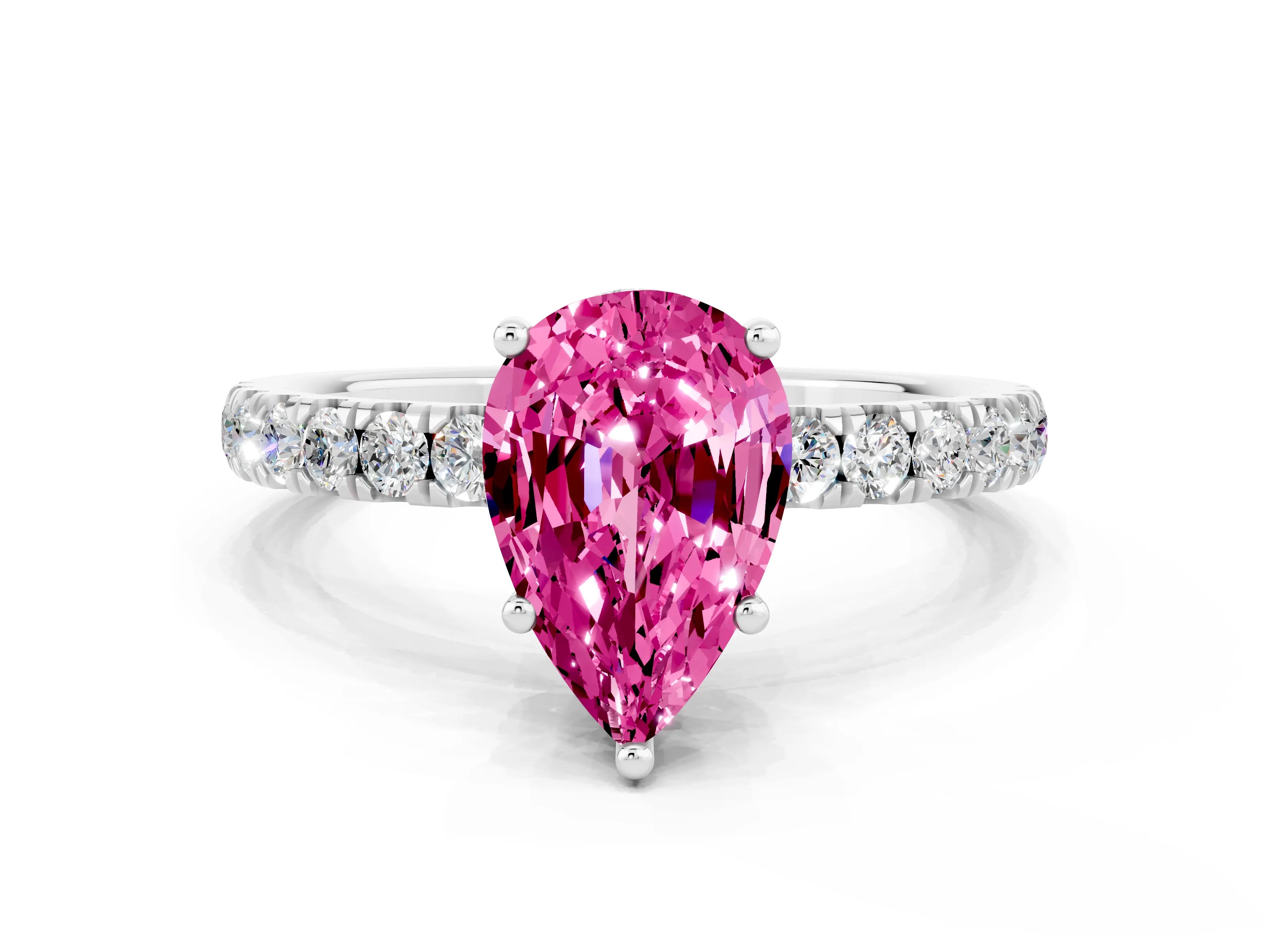 White gold Pear Cut Pink Sapphire Pave Band Solitaire Ring with Four-Prong Setting_60