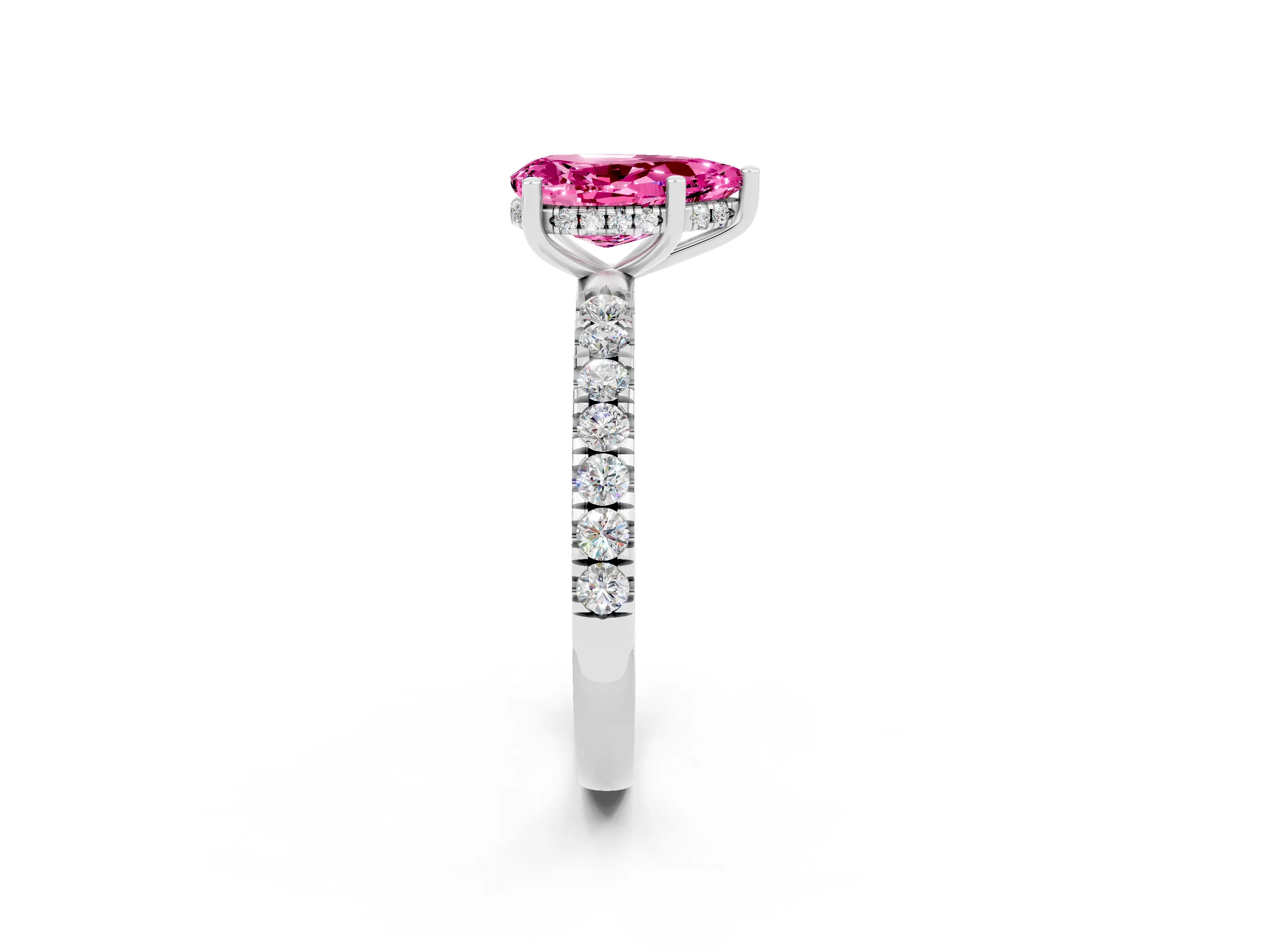 White gold Pear Cut Pink Sapphire Pave Band Solitaire Ring with Four-Prong Setting_62