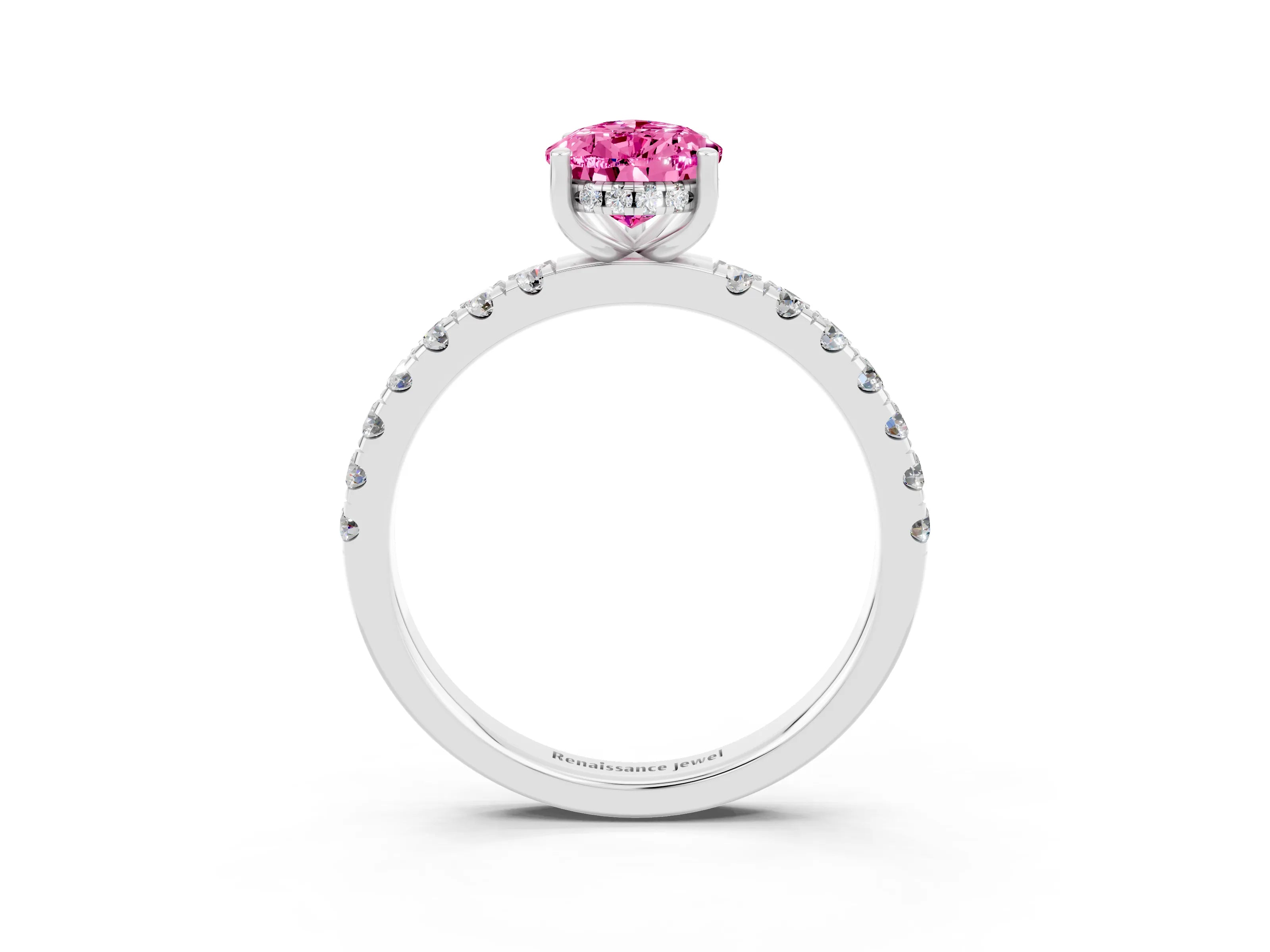 White gold Pear Cut Pink Sapphire Pave Band Solitaire Ring with Four-Prong Setting_63