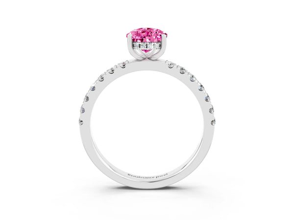 Silver Pear Cut Pink Sapphire Pave Band Solitaire Ring with Round  and Prong Setting