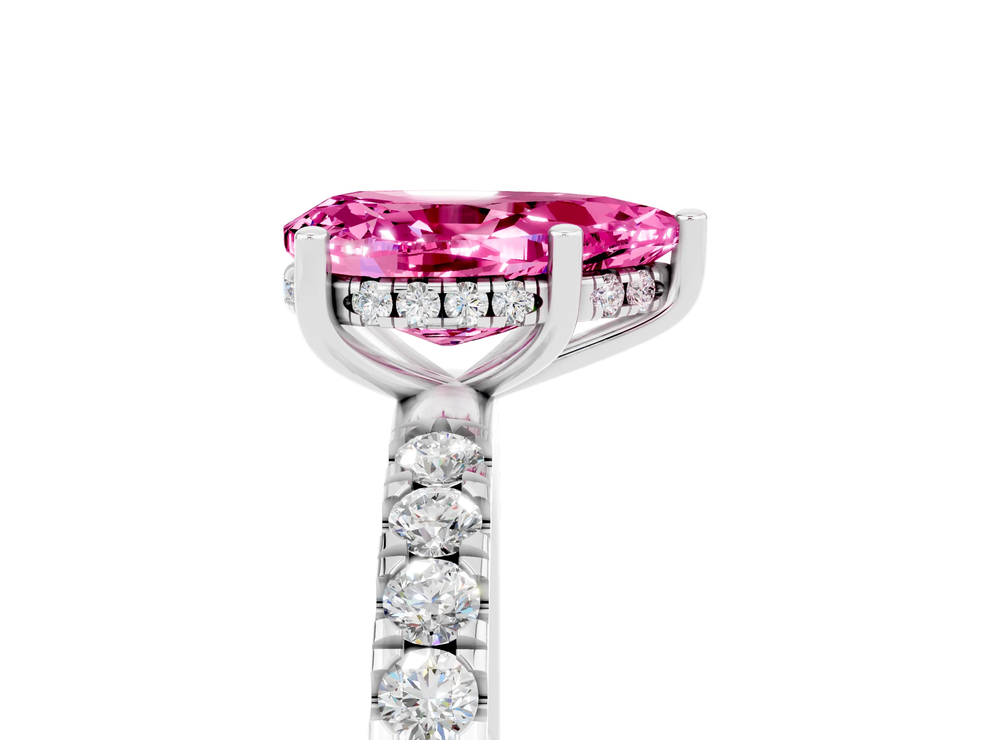 White gold Pear Cut Pink Sapphire Pave Band Solitaire Ring with Four-Prong Setting_65