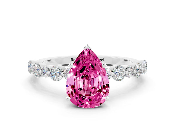 Silver Pear Cut Pink Sapphire Prong Set Engagement Ring with Pavé Band