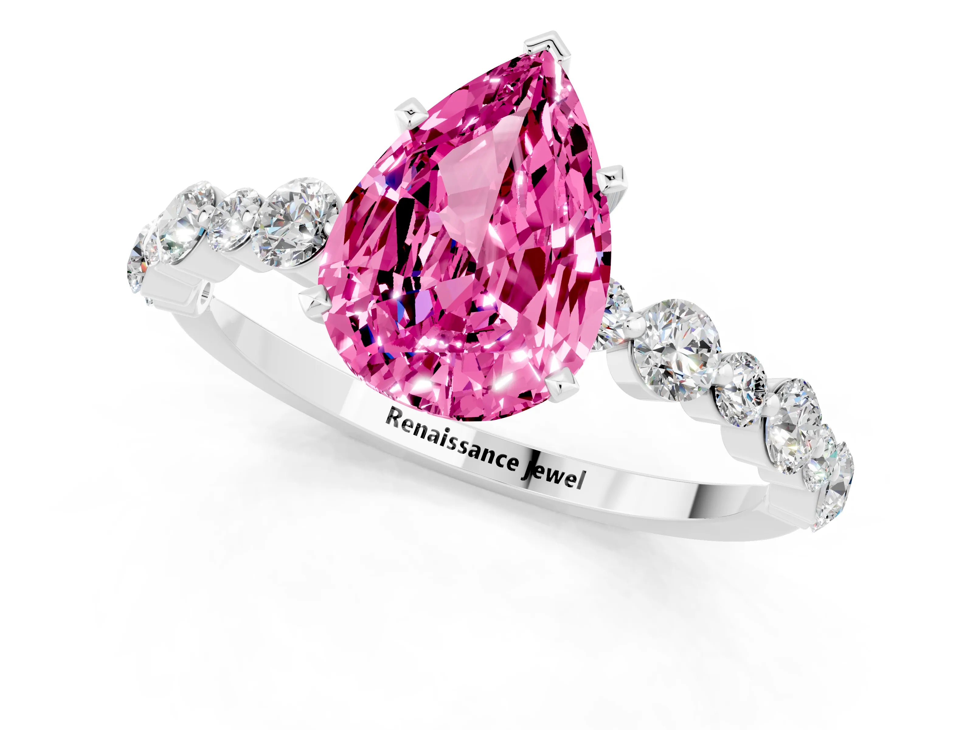 White gold Pear Cut Pink Sapphire Prong Set Engagement Ring with Pavé Band_13