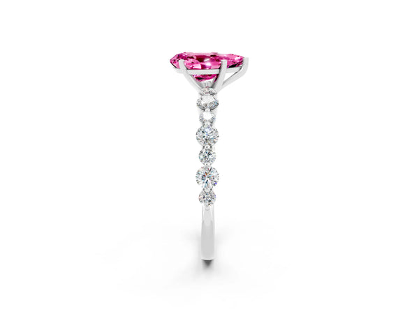 Platinum Pear Cut Pink Sapphire Prong Set Engagement Ring with Pavé Band