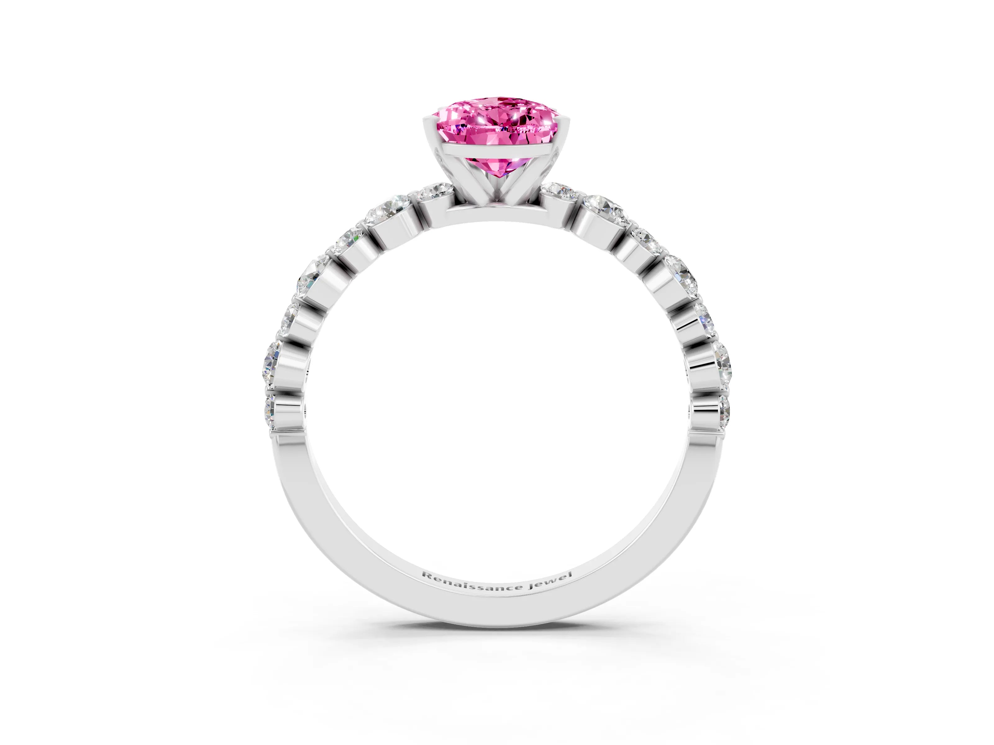 White gold Pear Cut Pink Sapphire Prong Set Engagement Ring with Pavé Band_15