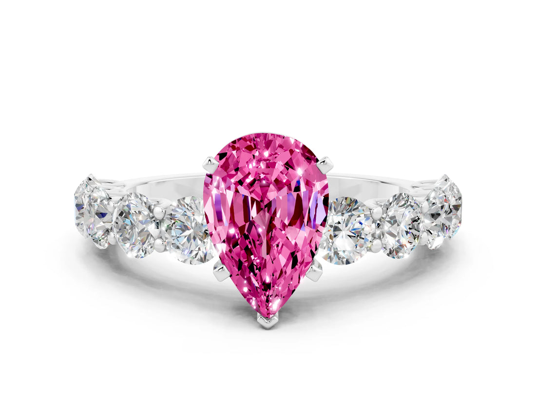 White gold Pear Cut Pink Sapphire Prong Setting with Side Stones on a Pave Band_24