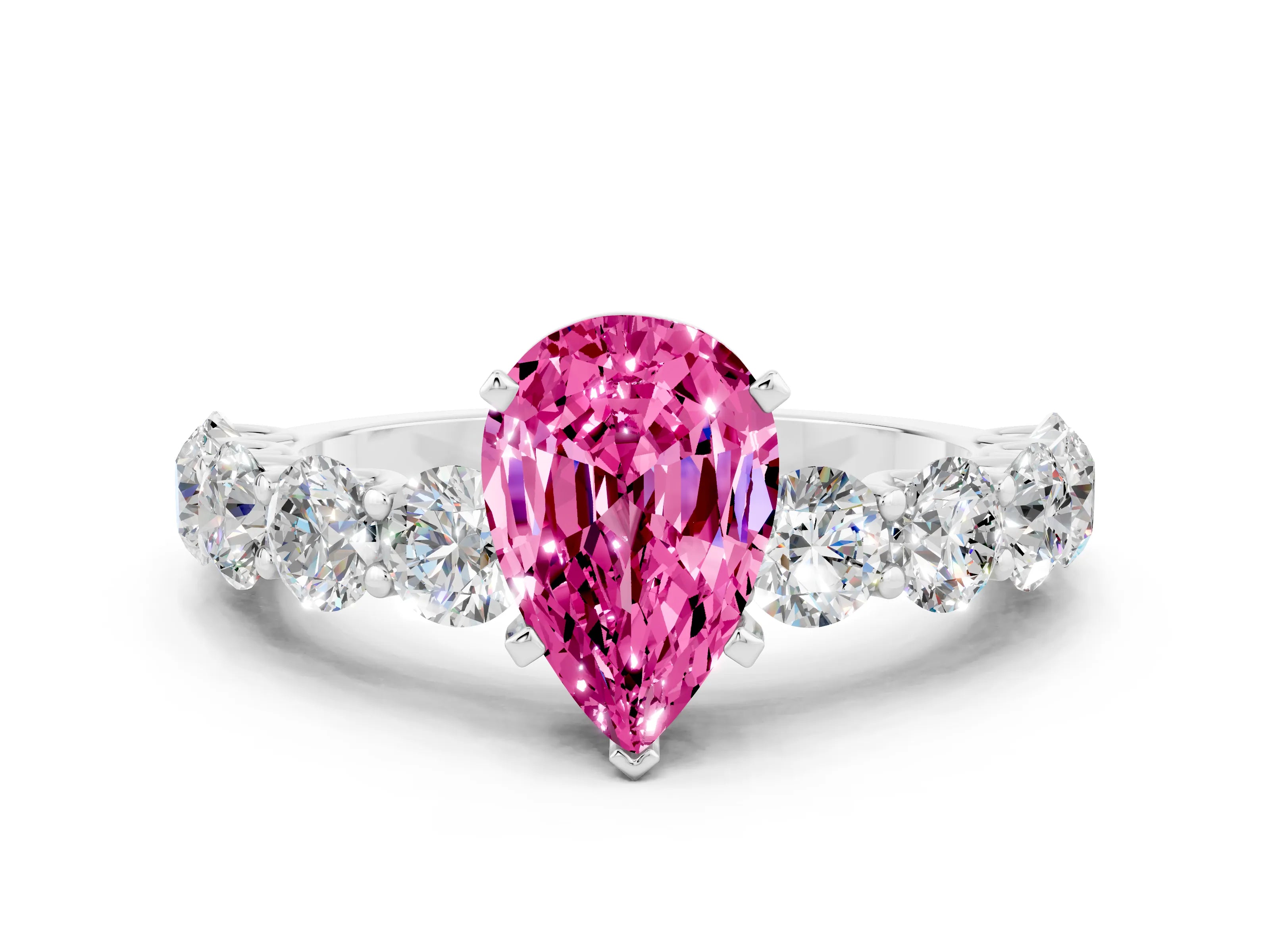 White gold Pear Cut Pink Sapphire Prong Setting with Side Stones on a Pave Band_24