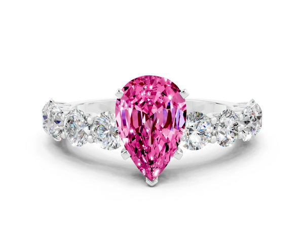 Silver Pear Cut Pink Sapphire Prong Setting with Side Stones on a Pave Band