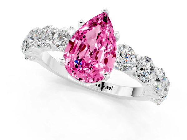 Platinum Pear Cut Pink Sapphire Prong Setting with Side Stones on a Pave Band