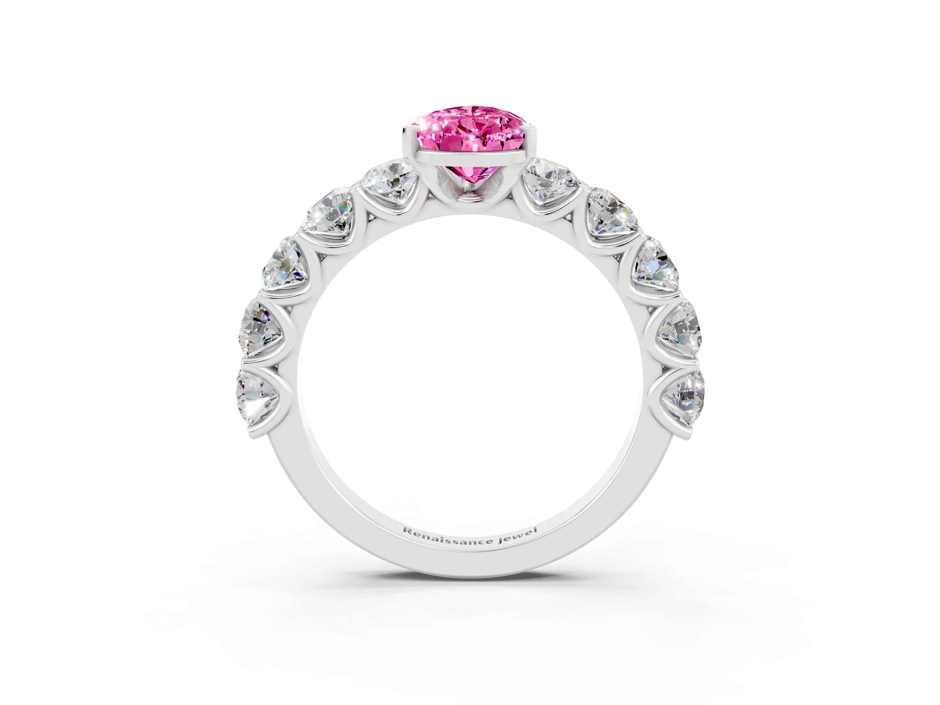 White gold Pear Cut Pink Sapphire Prong Setting with Side Stones on a Pave Band_27