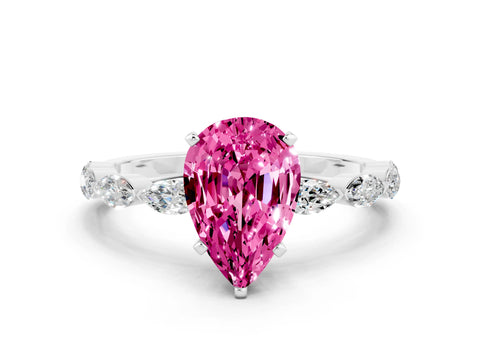 White gold Pear Cut Pink Sapphire Ring with Marquise Side Stones and Prong Setting_12