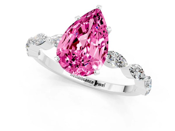 White gold Pear Cut Pink Sapphire Ring with Marquise Side Stones and Prong Setting