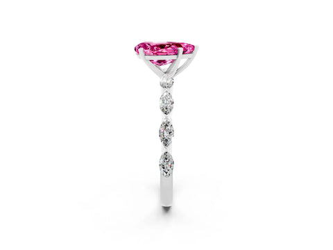 White gold Pear Cut Pink Sapphire Ring with Marquise Side Stones and Prong Setting_14
