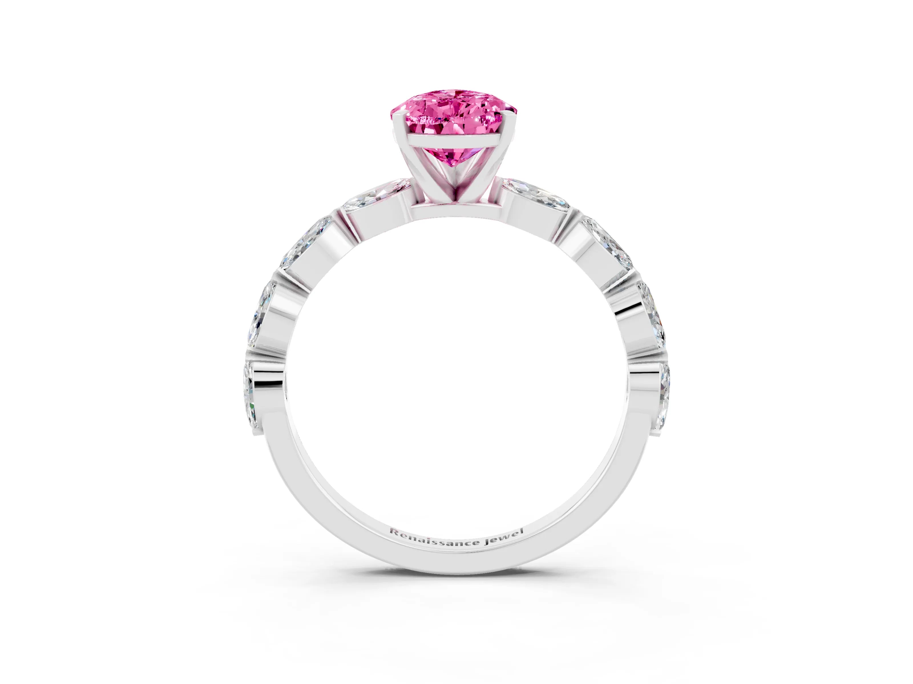 White gold Pear Cut Pink Sapphire Ring with Marquise Side Stones and Prong Setting_15