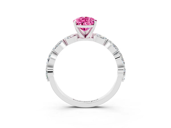 White gold Pear Cut Pink Sapphire Ring with Marquise Side Stones and Prong Setting