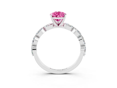 White gold Pear Cut Pink Sapphire Ring with Marquise Side Stones and Prong Setting_15