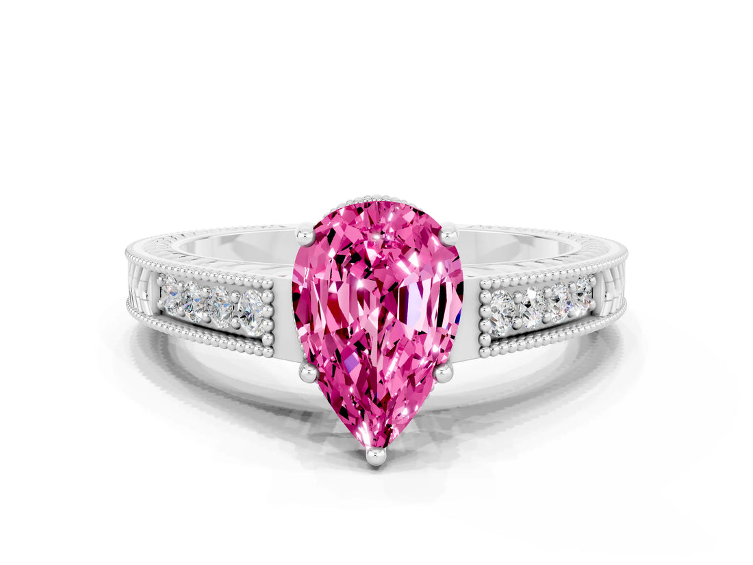 White gold Pear Cut Pink Sapphire Ring with Milgrain Pavé Band and Four-Prong Setting_36