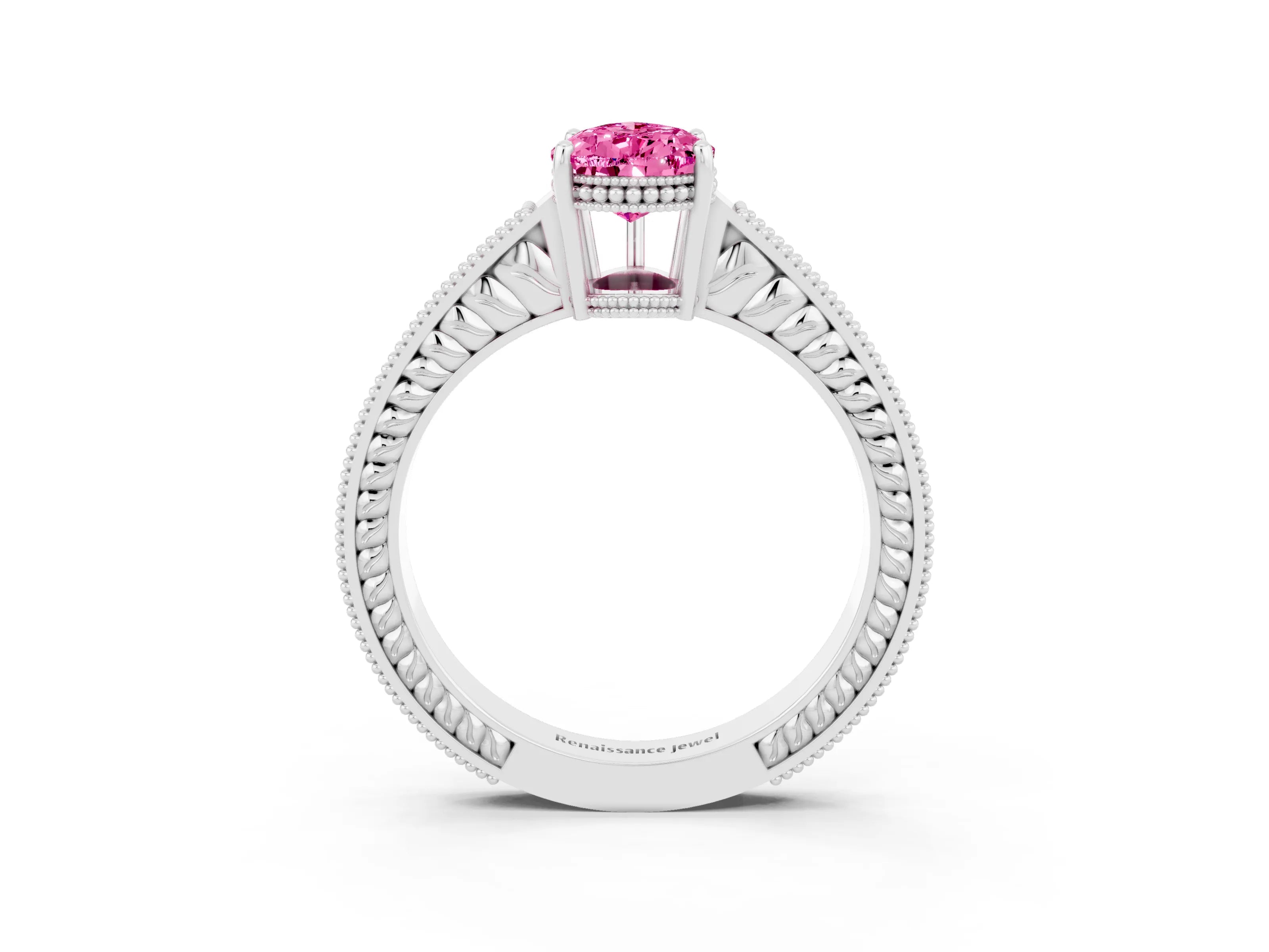 White gold Pear Cut Pink Sapphire Ring with Milgrain Pavé Band and Four-Prong Setting_39