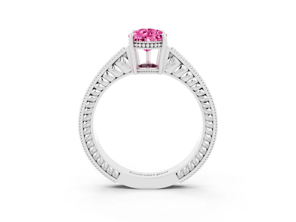 White gold Pear Cut Pink Sapphire Ring with Milgrain Pavé Band and Four-Prong Setting
