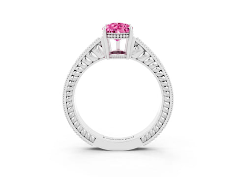 White gold Pear Cut Pink Sapphire Ring with Milgrain Pavé Band and Four-Prong Setting_39