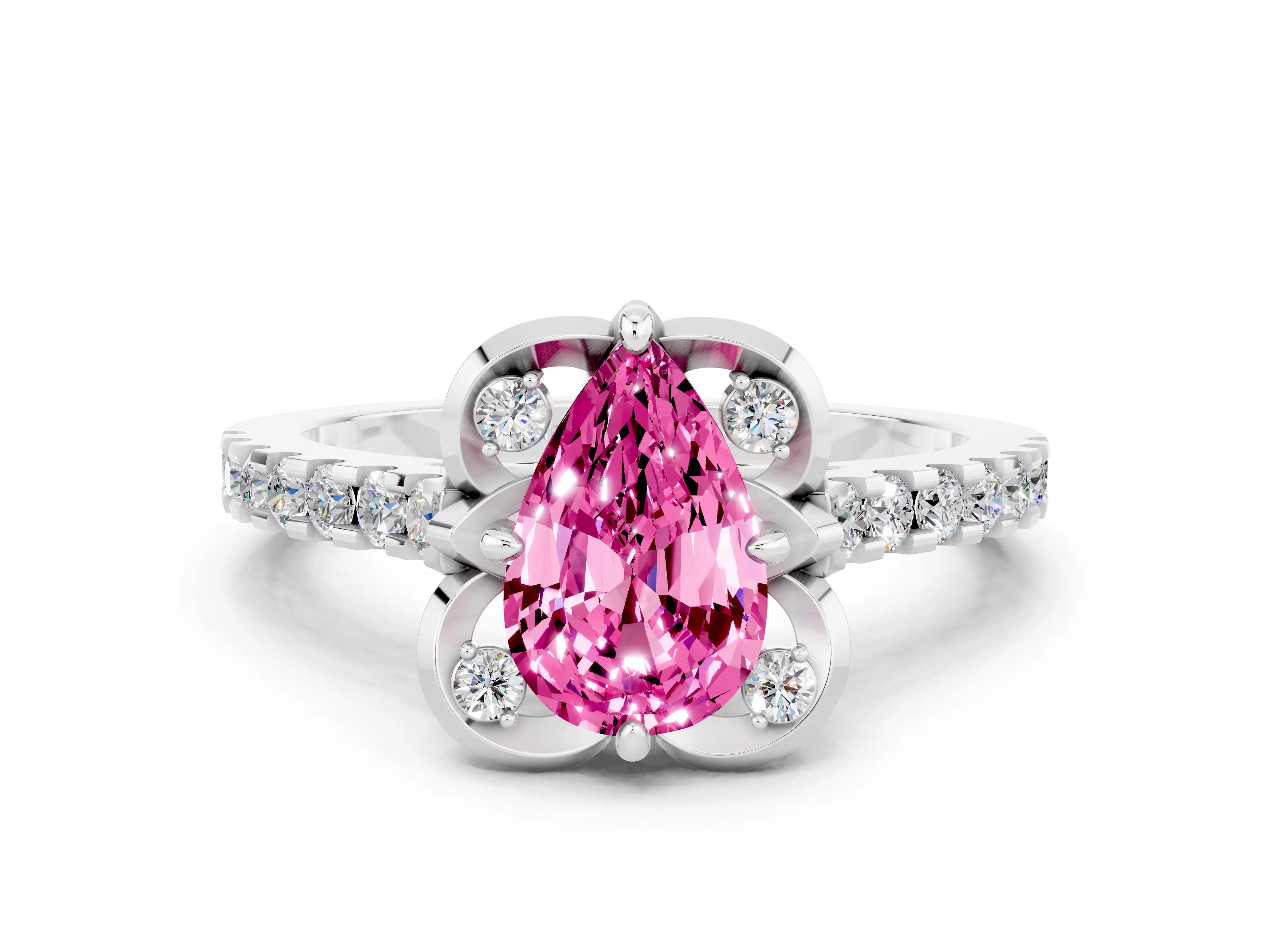 White gold Pear Cut Pink Sapphire Ring with Pavé Band and Floral Prong Setting
