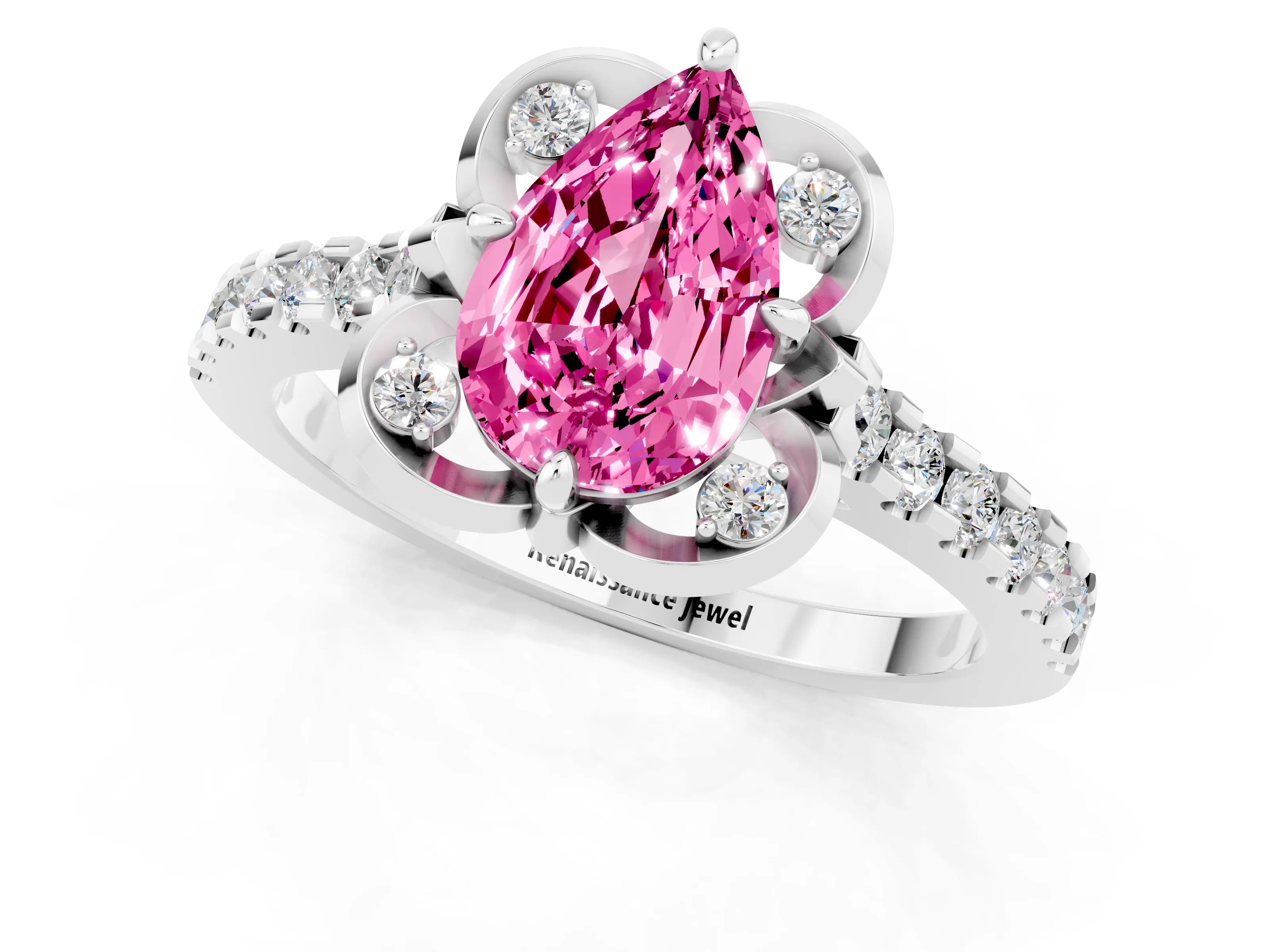 White gold Pear Cut Pink Sapphire Ring with Pavé Band and Floral Prong Setting_1