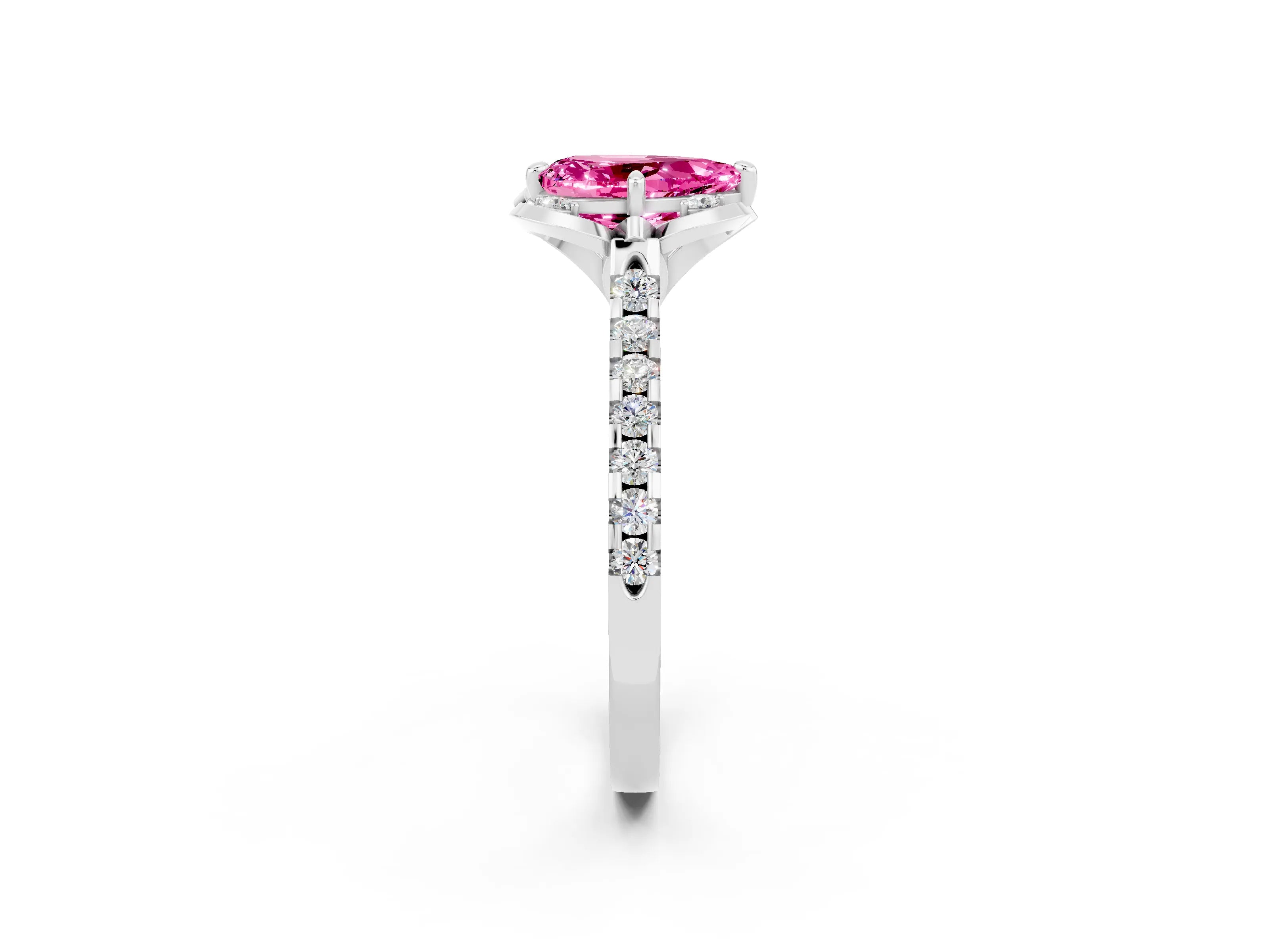 White gold Pear Cut Pink Sapphire Ring with Pavé Band and Floral Prong Setting_2