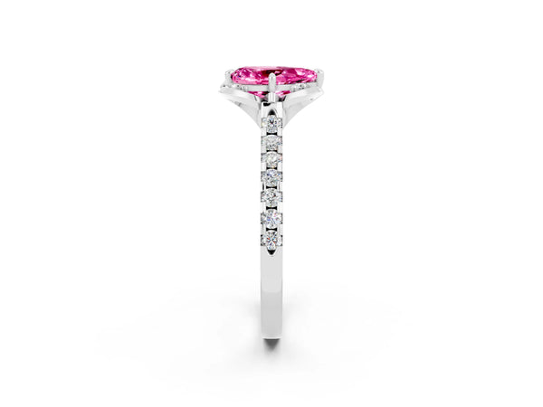 Silver Pear Cut Pink Sapphire Ring with Pavé Band and Floral Prong Setting