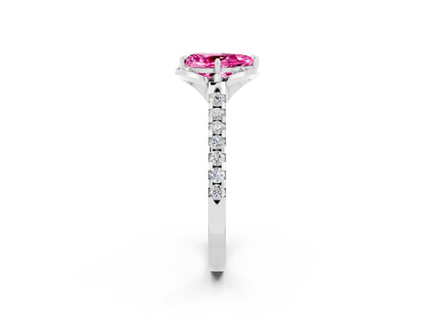 White gold Pear Cut Pink Sapphire Ring with Pavé Band and Floral Prong Setting_2