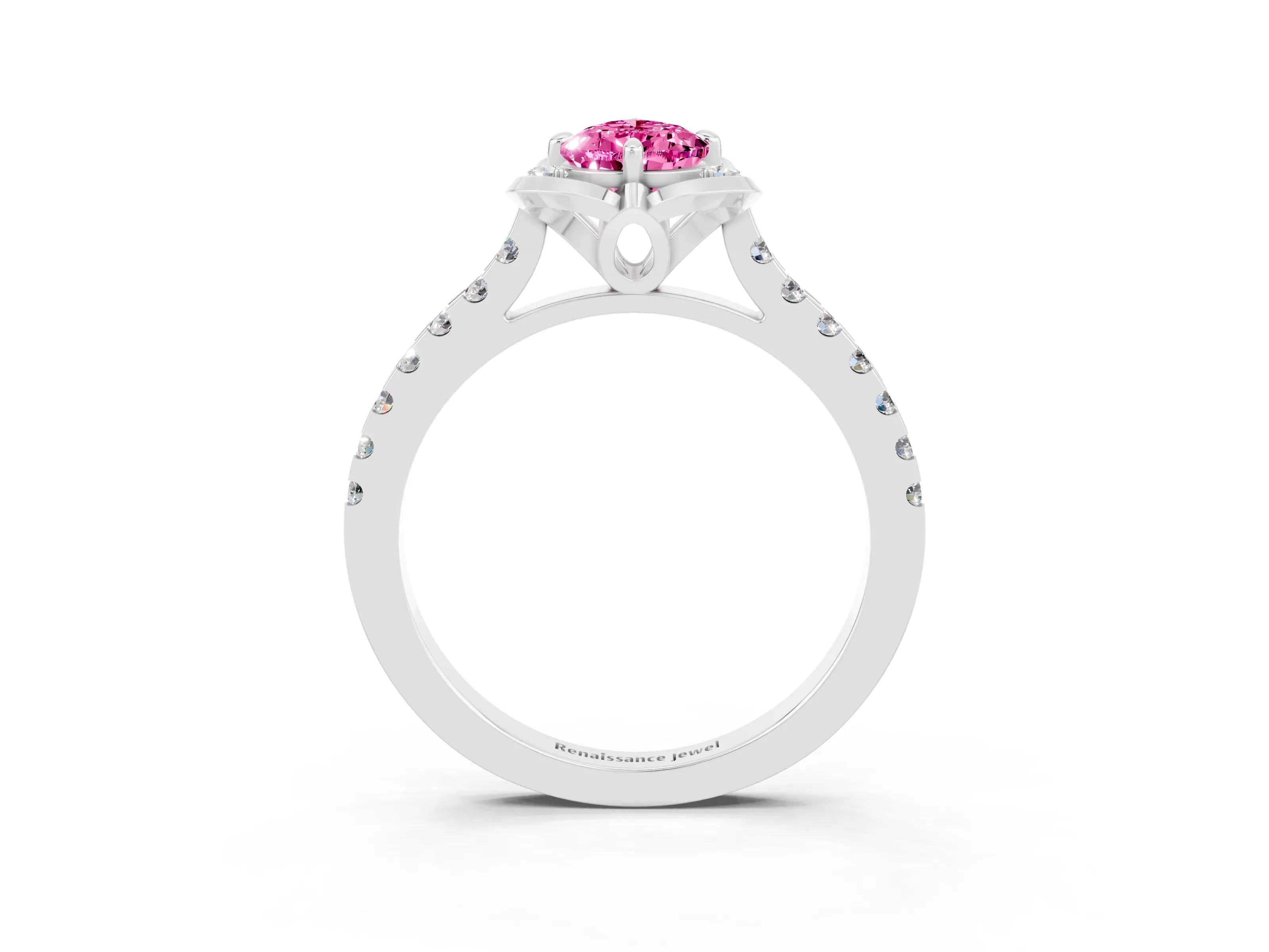 White gold Pear Cut Pink Sapphire Ring with Pavé Band and Floral Prong Setting_3