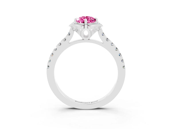 Silver Pear Cut Pink Sapphire Ring with Pavé Band and Floral Prong Setting