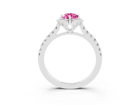 White gold Pear Cut Pink Sapphire Ring with Pavé Band and Floral Prong Setting_3