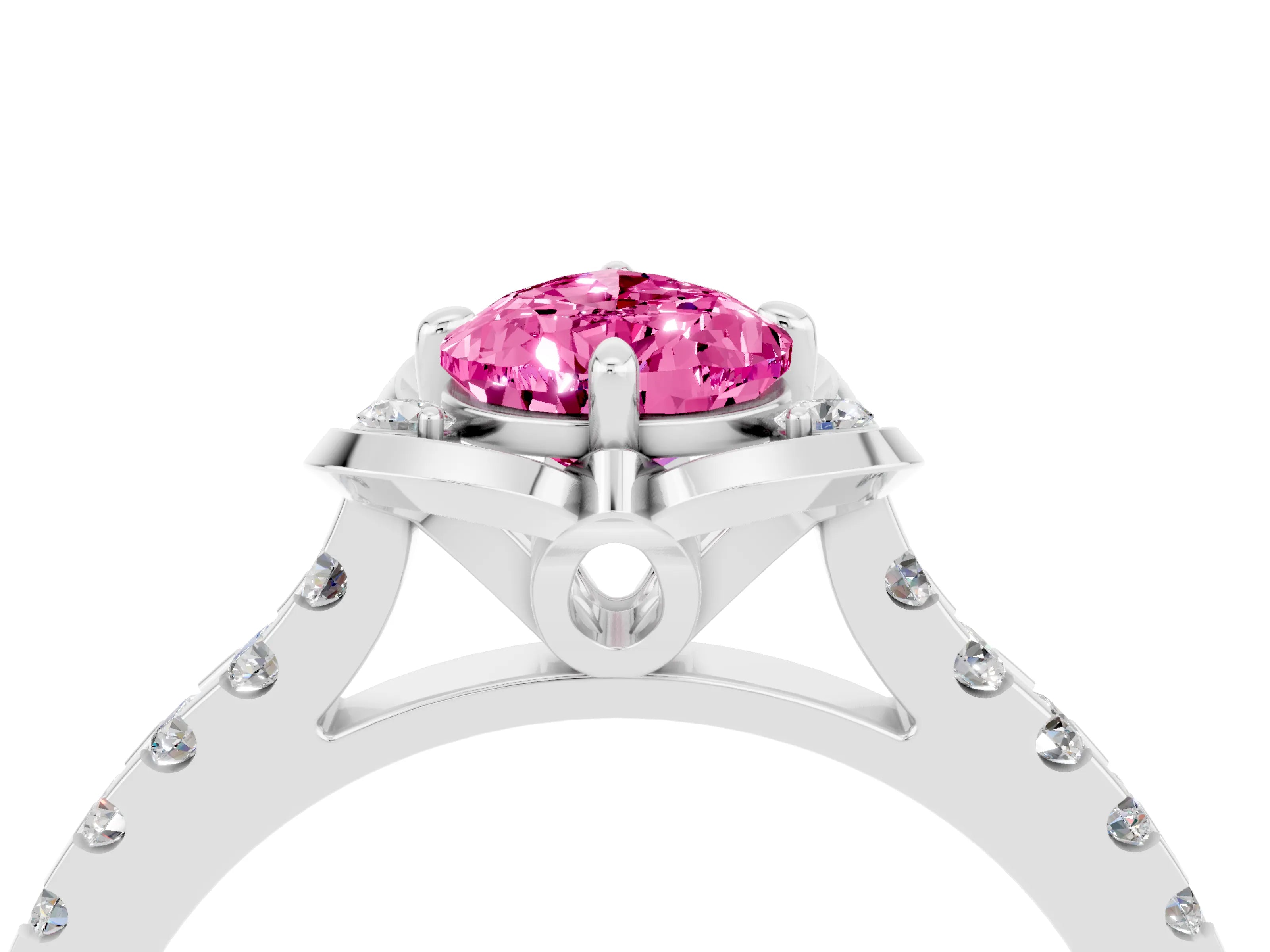 White gold Pear Cut Pink Sapphire Ring with Pavé Band and Floral Prong Setting_4