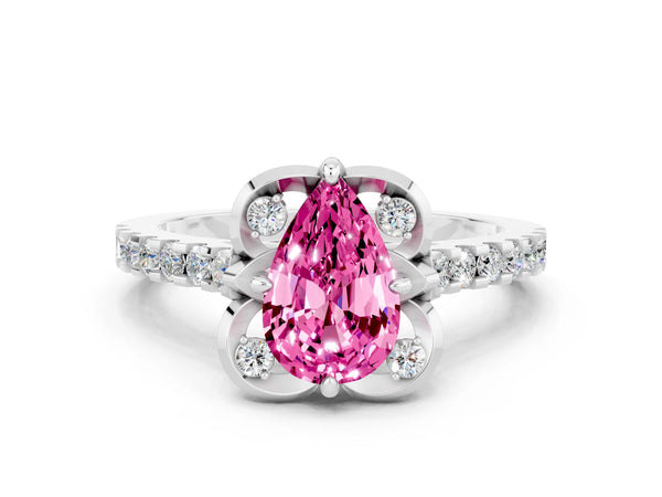 White gold Pear Cut Pink Sapphire Ring with Pavé Band and Floral Prong Setting