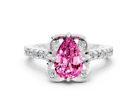 White gold Pear Cut Pink Sapphire Ring with Pavé Band and Floral Prong Setting
