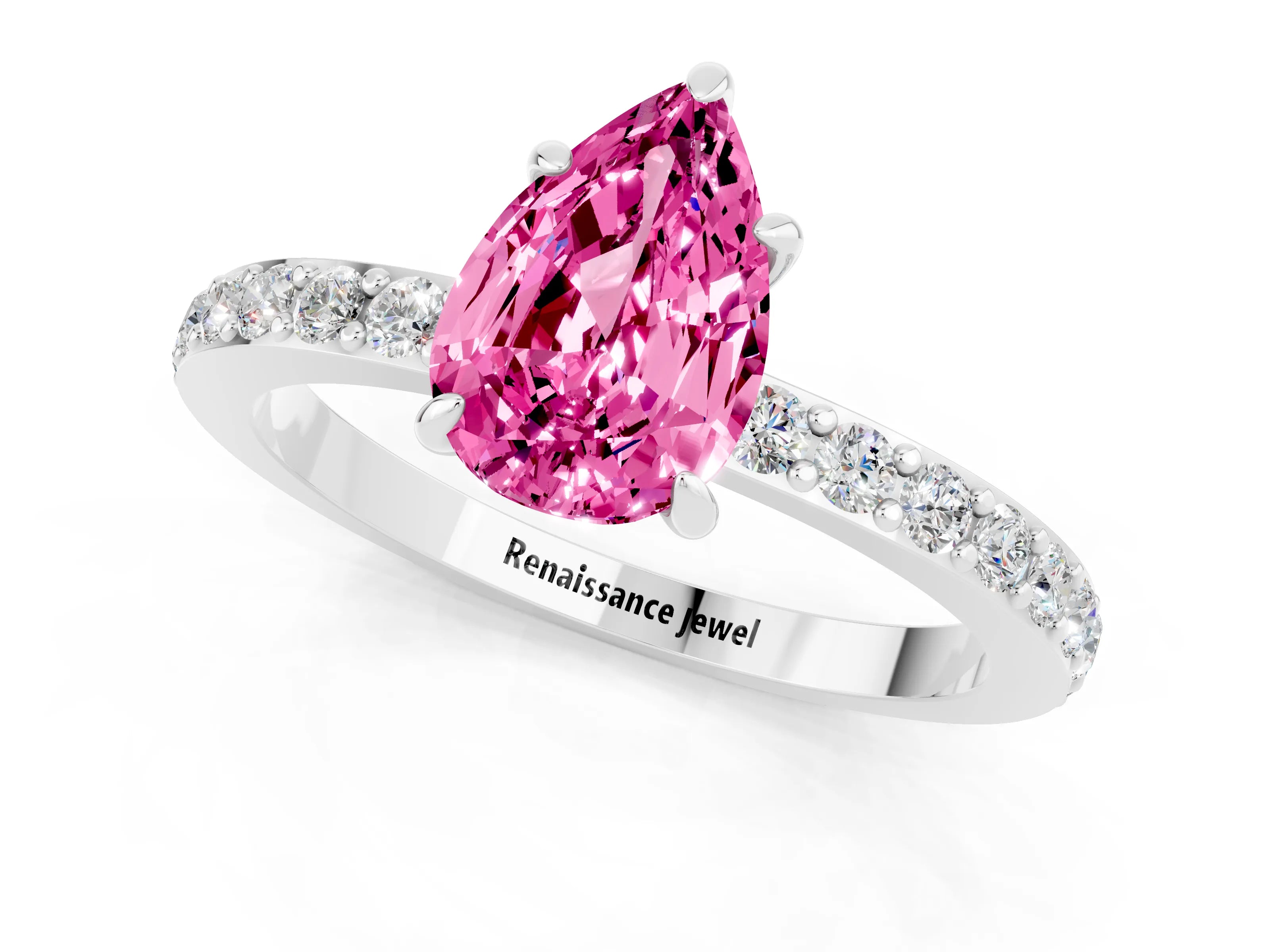 White gold Pear Cut Pink Sapphire Ring with Pavé Band and Four-Prong Setting_25