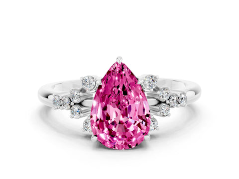 White gold Pear Cut Pink Sapphire Ring with Side Stones and Four-Prong Setting_60