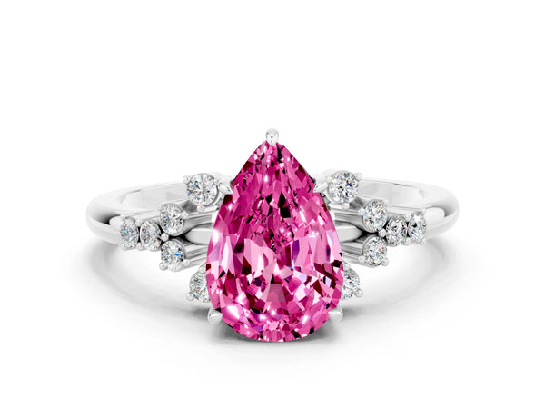 Silver Pear Cut Pink Sapphire Ring with Side Stones and Four-Prong Setting